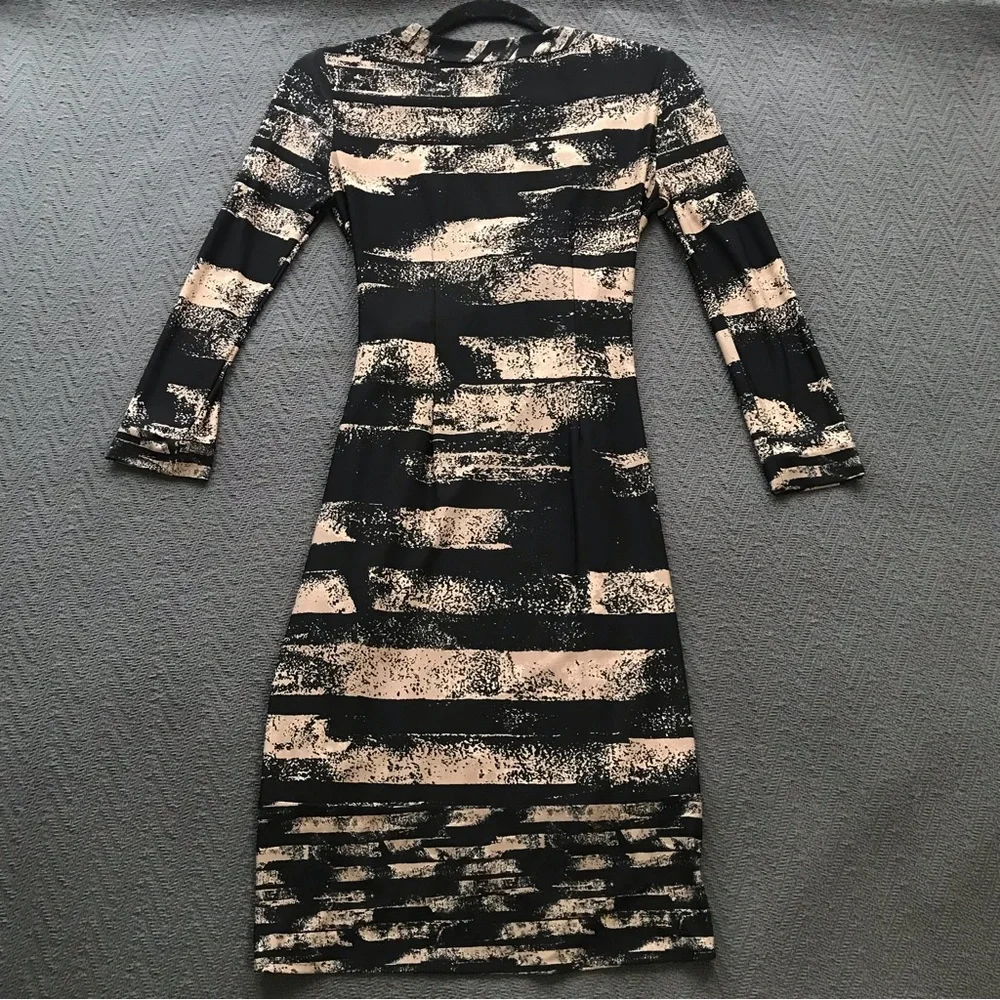NWOT BCBGMaxAzria True Wrap Dress Black Tan Print Long Sleeve XS Petite - Picture 7 of 8